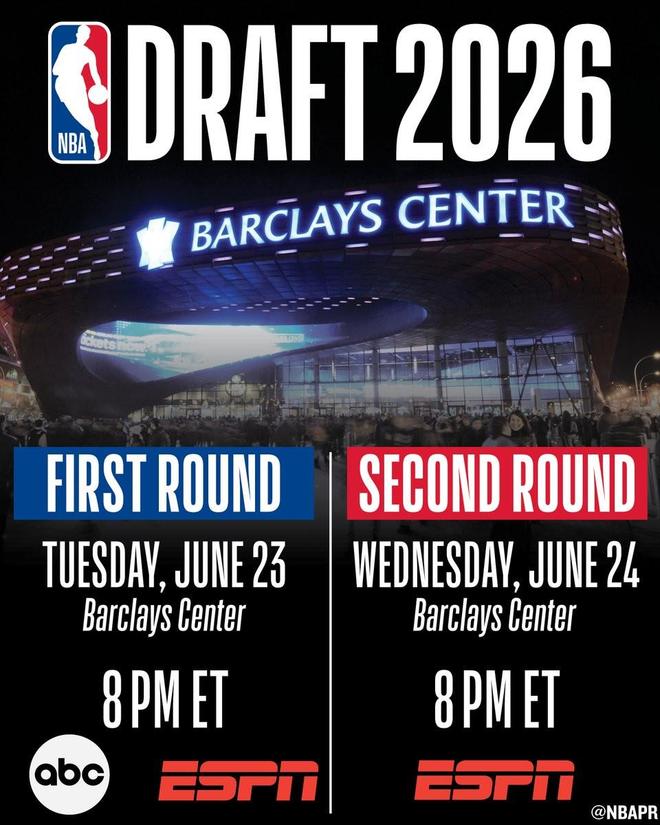 2026年NBA选秀大会定于布鲁克林巴克莱中心举行，